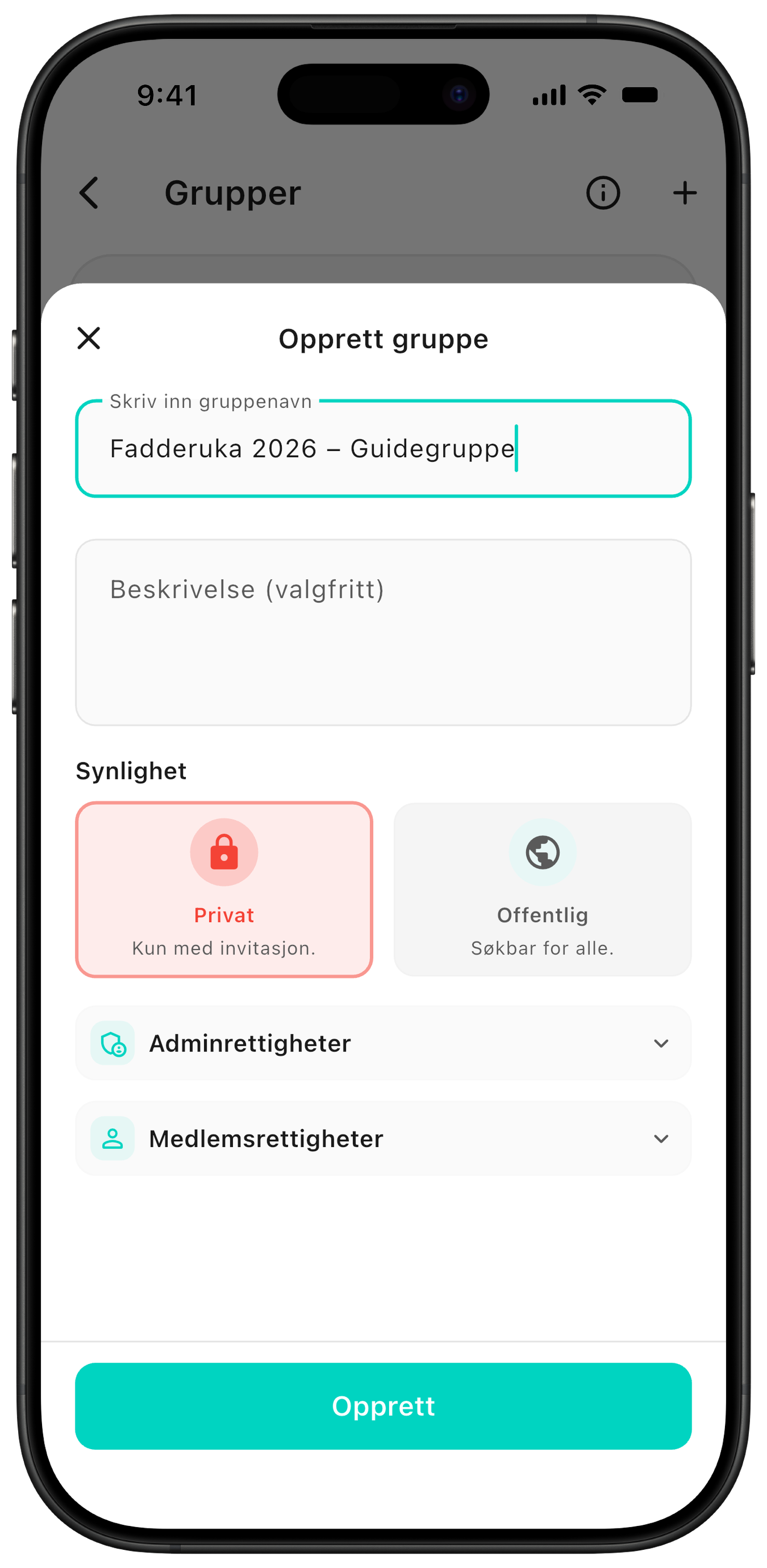 Fyll inn detaljer og opprett gruppe
