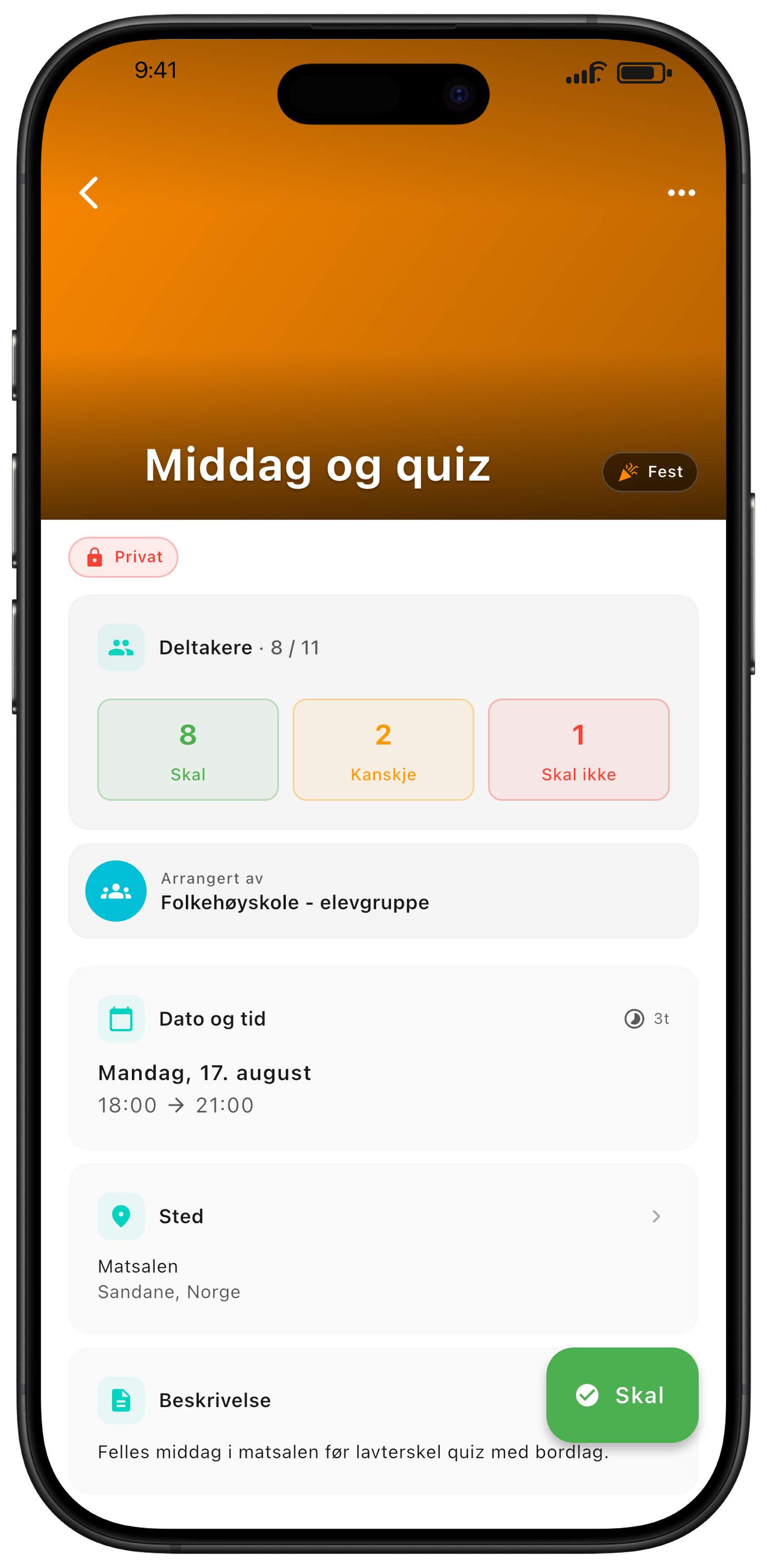 Detaljside med info, svarstatus og oppdateringer