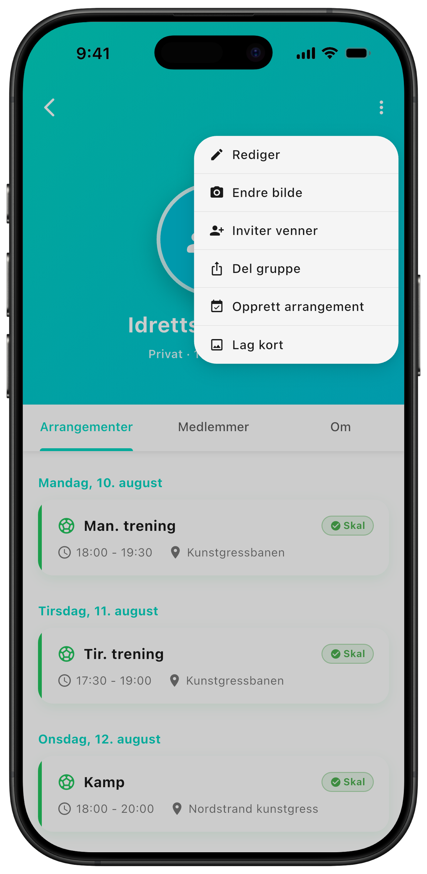 Velg Opprett arrangement fra gruppen