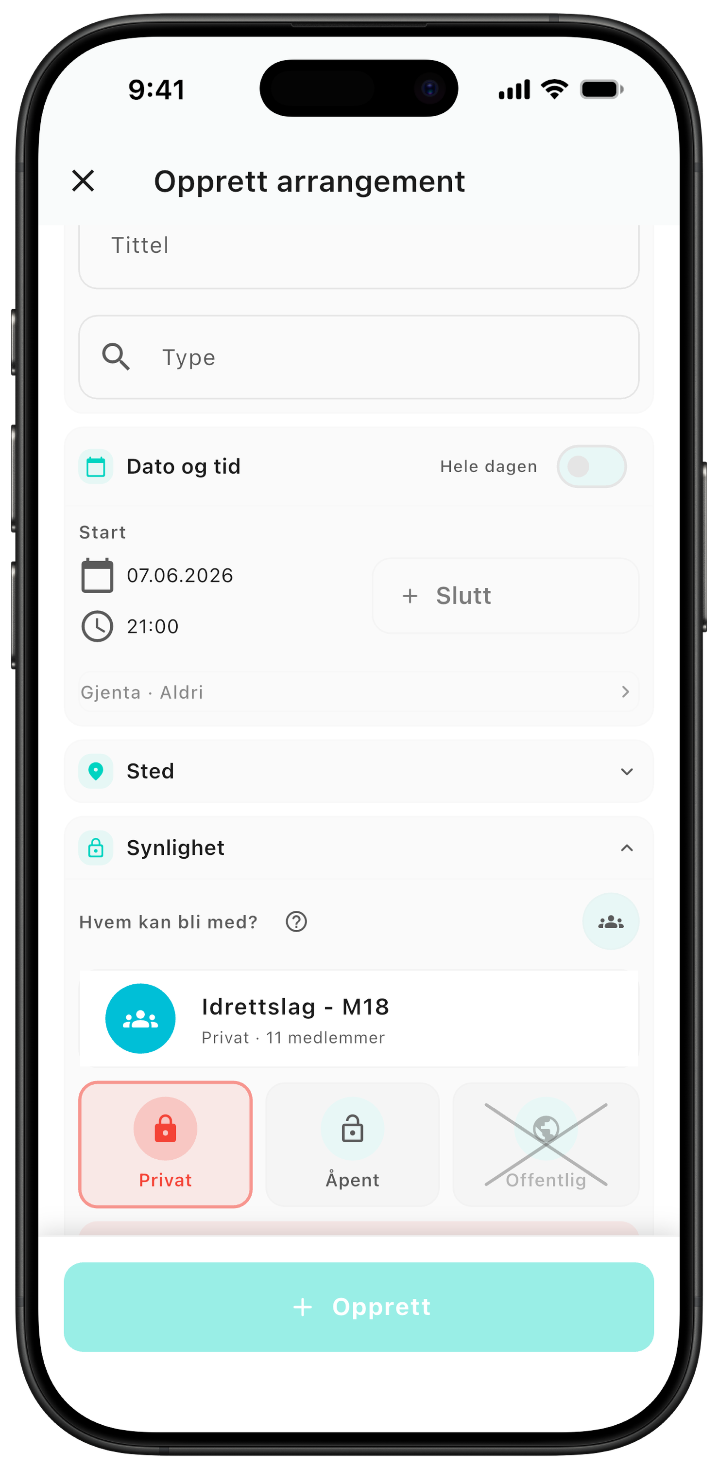 Bruk privat synlighet når planen skal inn i kalenderen til laget