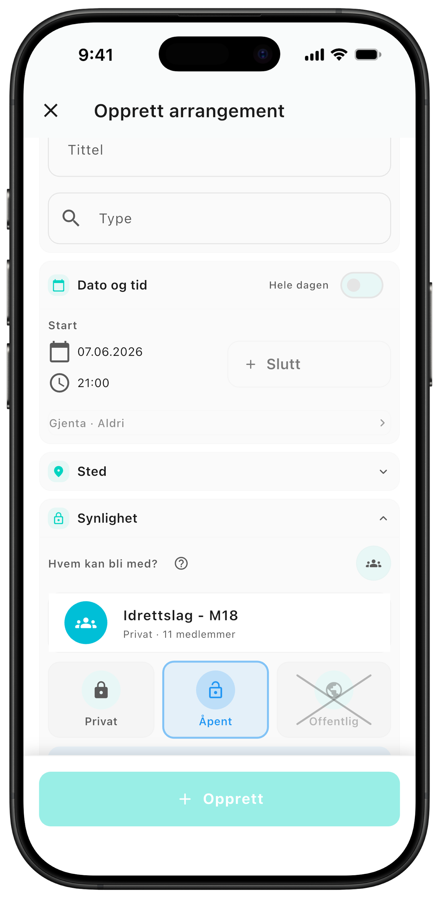 Velg Åpent når økten er frivillig for lagkamerater