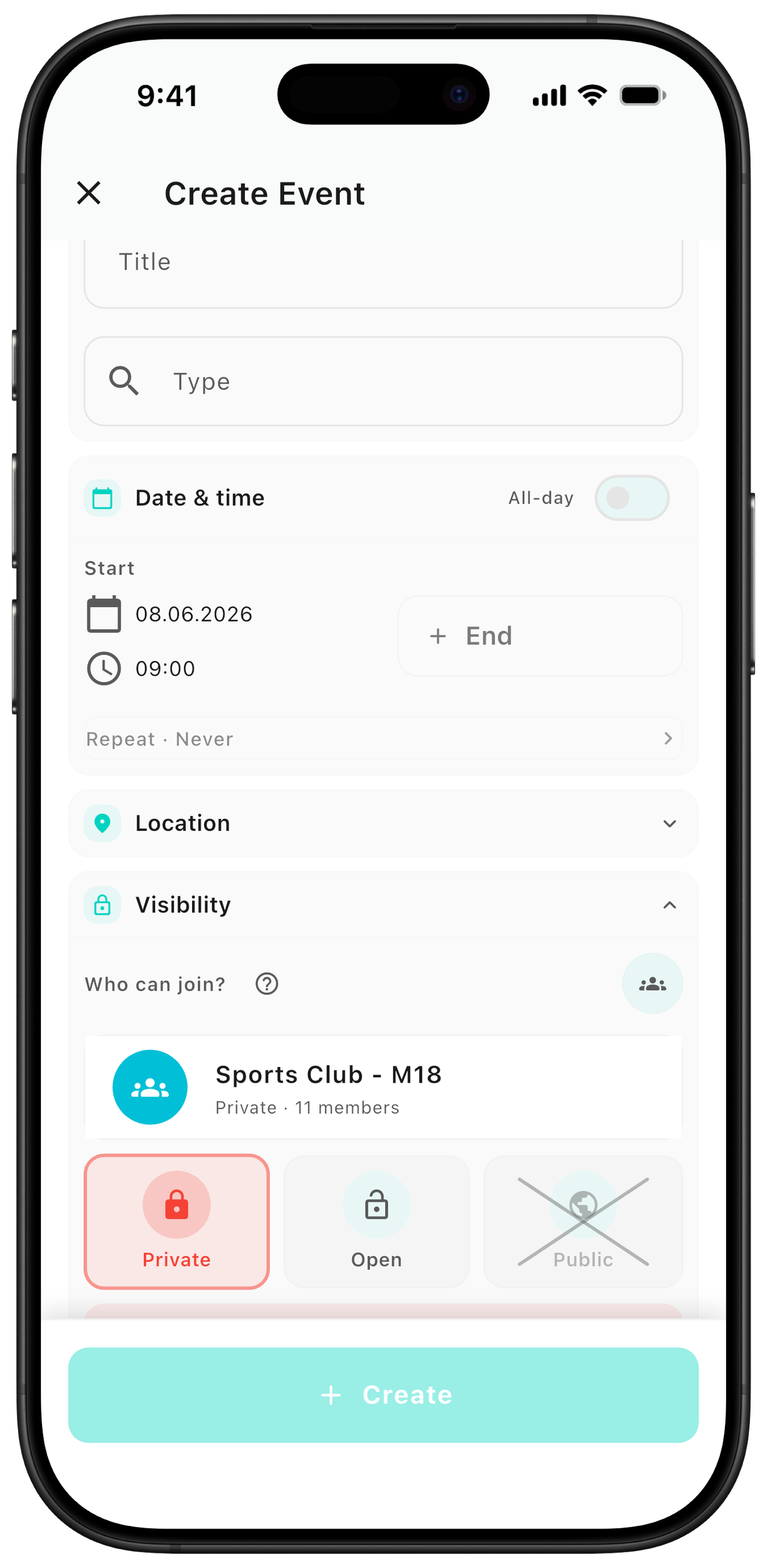 Use private visibility when the plan should go into the team's calendar