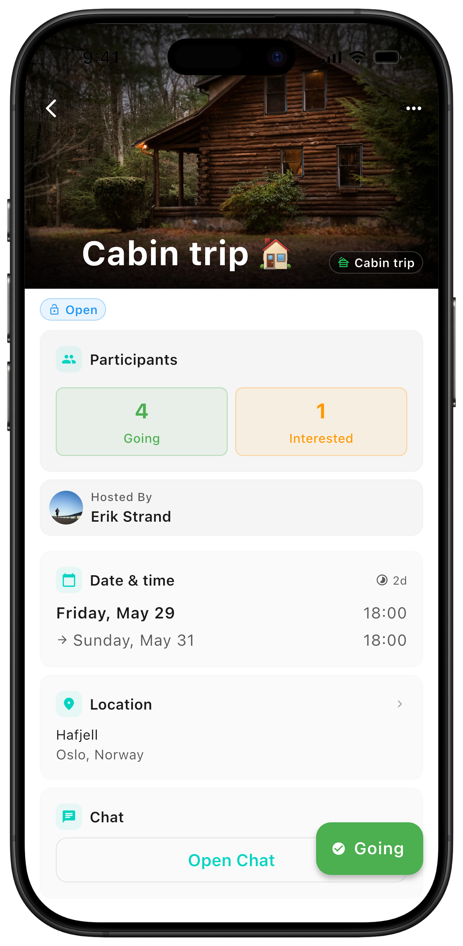 Event detail for a cabin trip